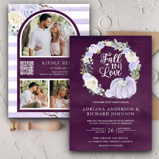 Lavender Rose Pumpkin Foto QR Code Plum Wedding Einladung