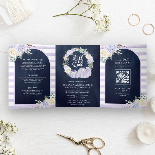 Lavender Rose Pumpkin QR Code Navy Blue Wedding Dreifach Gefaltete Einladung