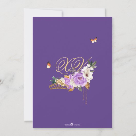Lavender Rose Royal Lila Gold Tiara Quinceanera Einladung (Rückseite)