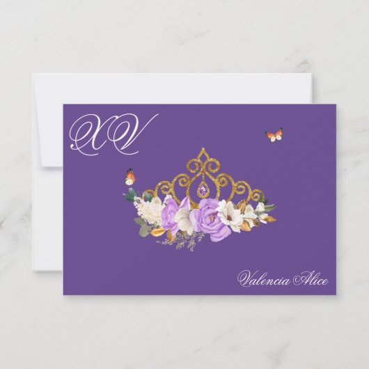 Lavender Rose Royal Lila Gold Tiara Quinceanera RSVP Karte (Rückseite)