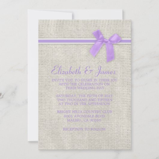 Lavender Rustic Burlap Wedding Einladungen (Vorderseite)