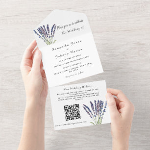 Lavender Rustic Floral Watercolor QR Code Hochzeit All In One Einladung