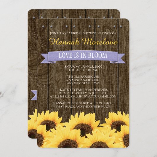 LAVENDER RUSTIC SUNFLOWER BRIDAL SHOWER INVITATION EINLADUNG (Vorne/Hinten)