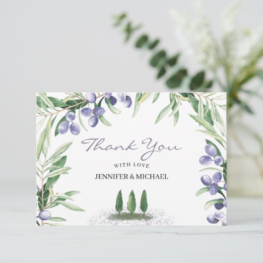 Lavender Rustic Tree Wedding Dankeskarte (Stehend Vorderseite)