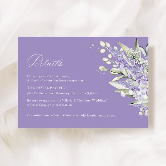 Lavender & Sage Green Floral Wedding Hotel Details Begleitkarte