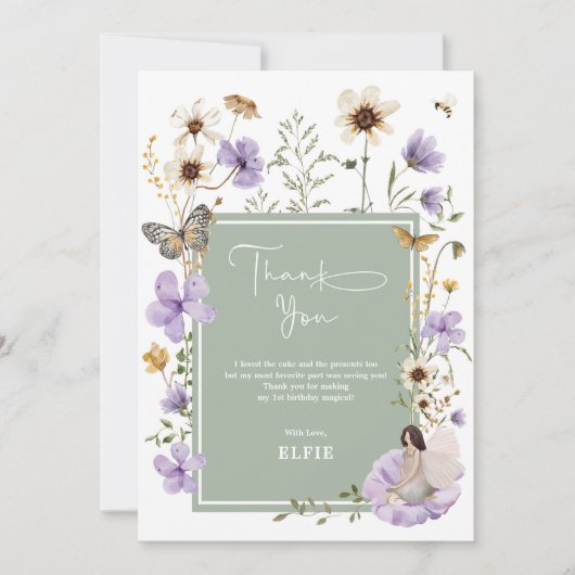 Lavender Sage Green Wildblume Fairy Birthday Dankeskarte (Vorderseite)