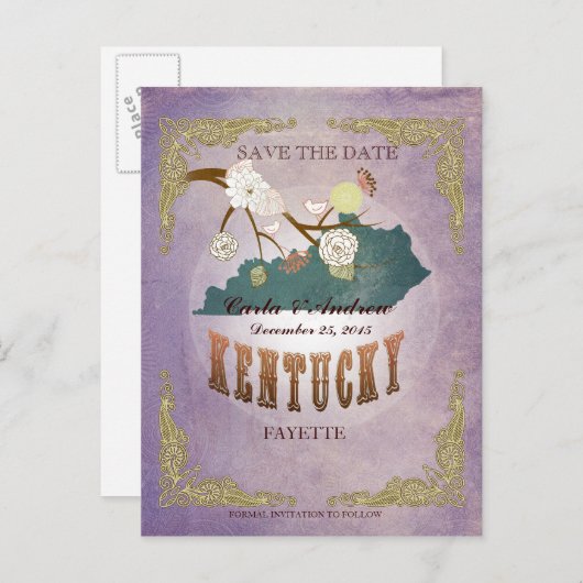 Lavender Save the Date - KY Karte mit hübschen Vög (Vorne/Hinten)