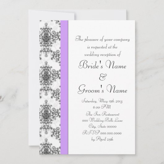 Lavender Schwarz-weiß Damask Wedding Empfang Einladung (Vorderseite)