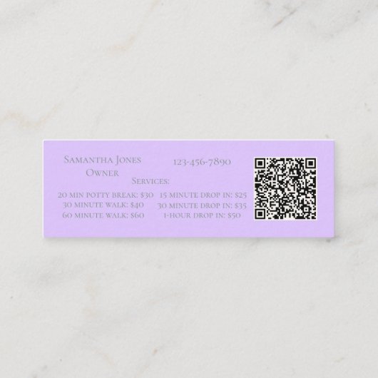 Lavender Script Business Card QR Code Service Menu Mini Visitenkarte (Rückseite)