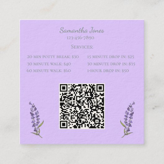Lavender Script Business Card QR Code Service Menu Quadratische Visitenkarte (Rückseite)