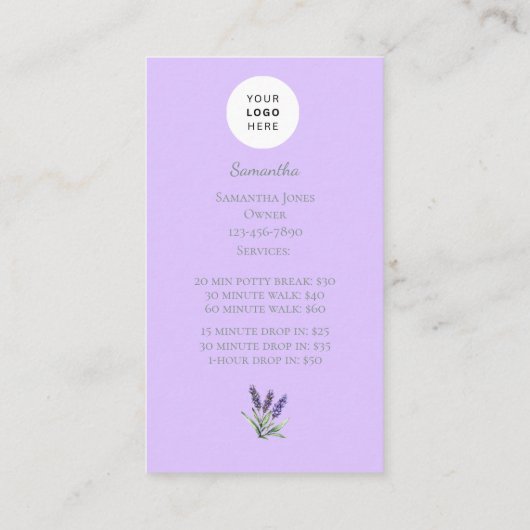 Lavender Script Business Card QR Code Service Menu Visitenkarte (Rückseite)