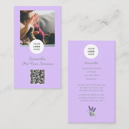 Lavender Script Business Card QR Code Service Menu Visitenkarte (Vorne/Hinten)