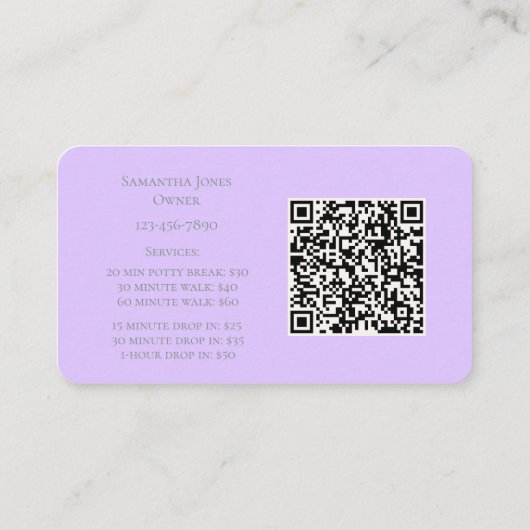 Lavender Script Business Card QR Code Service Menu Visitenkarte (Rückseite)