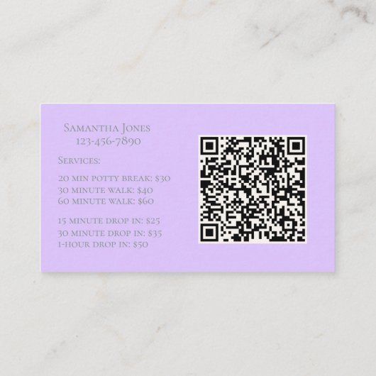 Lavender Script Business Card QR Code Service Menu Visitenkarte (Rückseite)