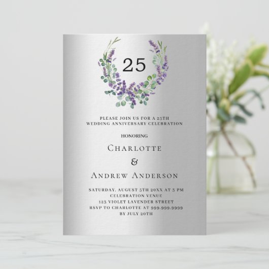 Lavender Silber Luxus 25. Hochzeitstag Einladung (Stehend Vorderseite)