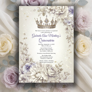 Lavender Silver Crown Floral Quinceañera Einladung
