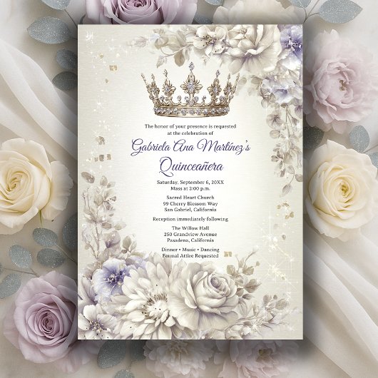 Lavender Silver Crown Floral Quinceañera Einladung