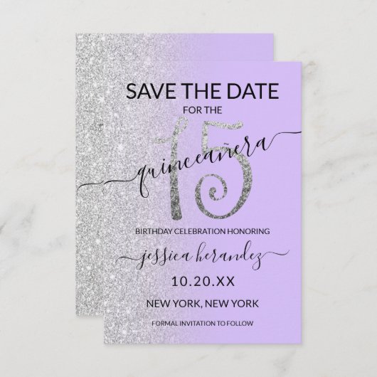 Lavender Silver Glitzer Quinceañera Save the Date (Vorne/Hinten)