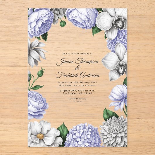 Lavender & Silver Modern Botanical Wedding Acryleinladungen (Vorderseite)