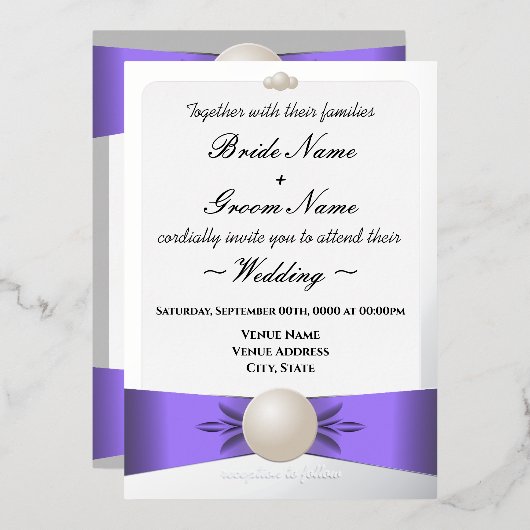 Lavender & Silver Pearl Ribbon Wedding & Empfang Folieneinladung (Vorderseite/Rückseite)
