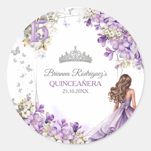 Lavender Silver Tiara Floral Butterfly Quinceañera Runder Aufkleber (Vorderseite)