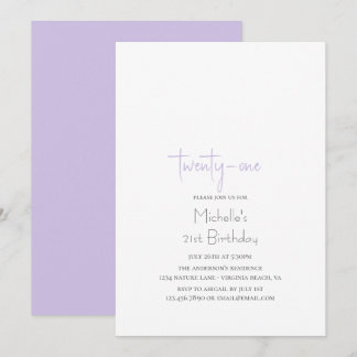Lavender Simple Modern Minimalistisch 21. Geburtst Einladung