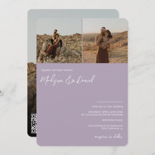 Lavender Skriptnamen 3 Fotos qr Code Hochzeit Einladung (Vorne/Hinten)