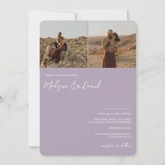 Lavender Skriptnamen 3 Fotos qr Code Hochzeit Einladung (Vorderseite)