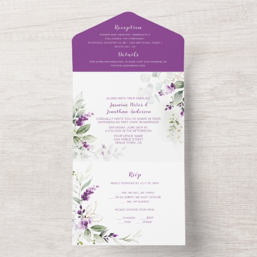 Lavender Sprigs & Greenerity Wedding All In One Einladung (Innen Boden)