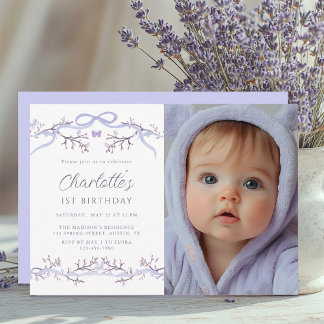 Lavender Spring Garden 1. Geburtstag Foto Einladung