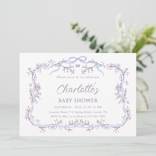 Lavender Spring Garden Girl Babydusche Einladung (Stehend Vorderseite)