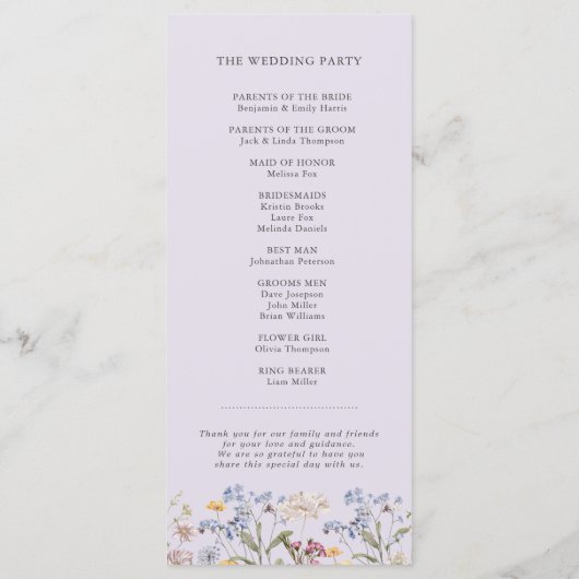 Lavender Spring Wildflower Meadow Garden Wedding  Programm (Rückseite)