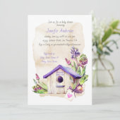 Lavender Stems Lila Birdhouse Babydusche Einladung (Stehend Vorderseite)