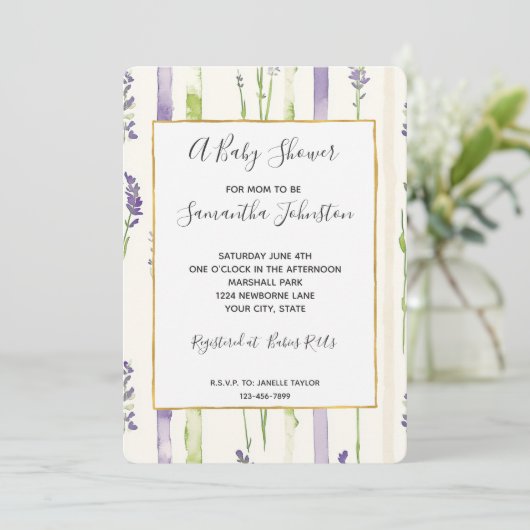 Lavender Stripes Floral Baby Shower Einladung (Stehend Vorderseite)