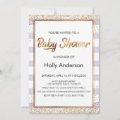 Lavender Stripes Gold Confetti Script Baby Dusche Einladung (Vorderseite)