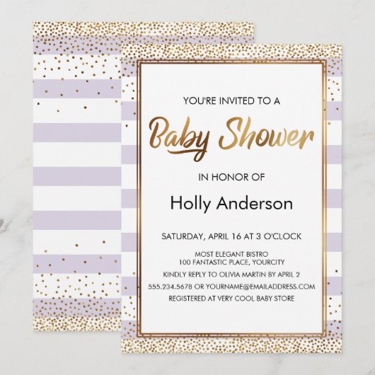 Lavender Stripes Gold Confetti Script Baby Dusche Einladung (Vorne/Hinten)