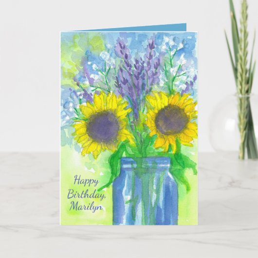 Lavender Sunflower Bouquet Happy Birthday Karte (Vorderseite)