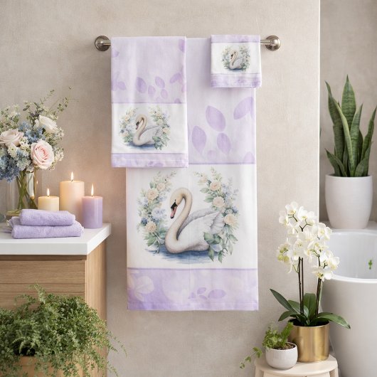 Lavender Swan and Floral Towel Set 