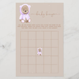 Lavender Teddy Bear Baby Dusche Bingo Game Flyer