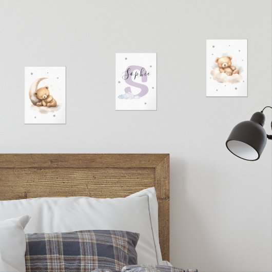 Lavender Teddy Bear Nursery Wall Art Custom Name Bilderwand Sets (Schlafzimmer)