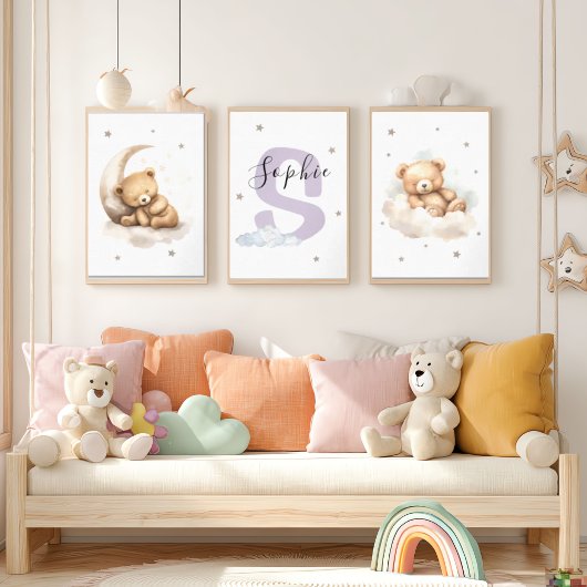 Lavender Teddy Bear Nursery Wall Art Custom Name Bilderwand Sets