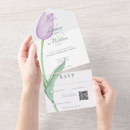 Lavender Tulip Solo Lila moderner QR-Code All In One Einladung (Abreißen)