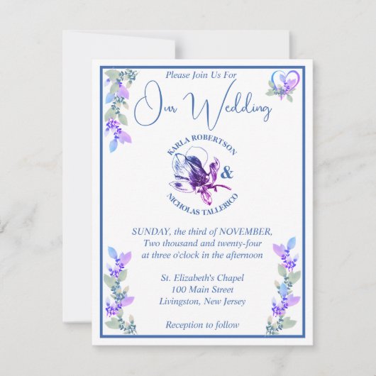 Lavender und Blue Hue Floral Wedding Einladung (Vorderseite)