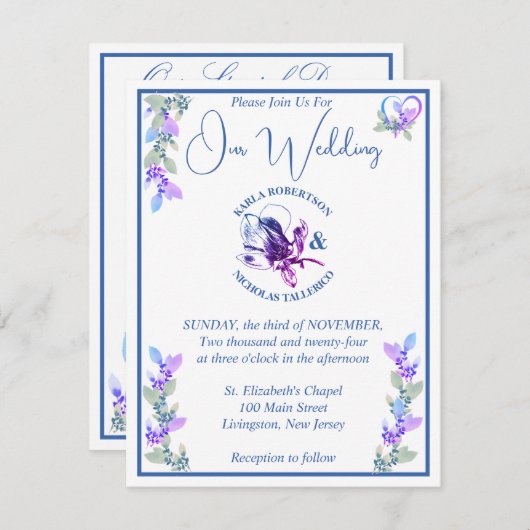 Lavender und Blue Hue Floral Wedding Einladung (Vorne/Hinten)