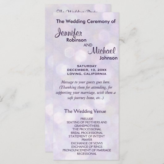 Lavender und das Lila Bokeh-Hochzeitsprogramm Programm (Vorne/Hinten)