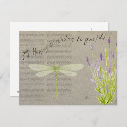 Lavender und Dragonfly Happy Birthday Postkarte (Vorne/Hinten)