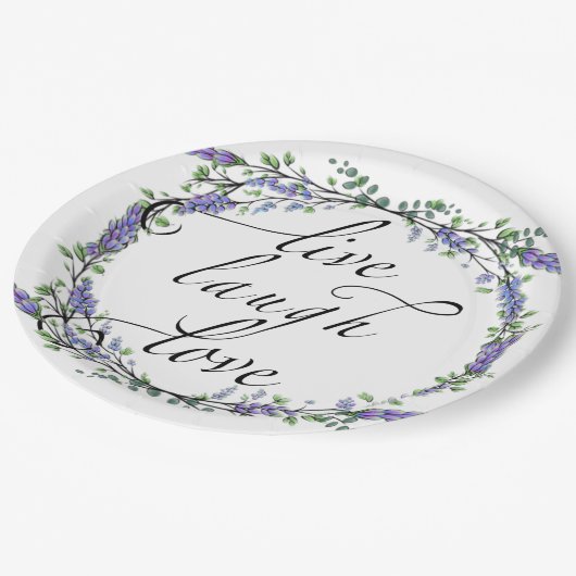 Lavender und Eukalyptus Live Laugh Liebe Pappteller (Schrägansicht)