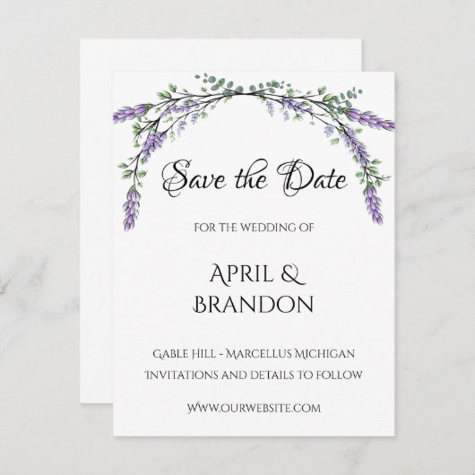 Lavender und Eukalyptus Wedding Save The Date (Vorne/Hinten)