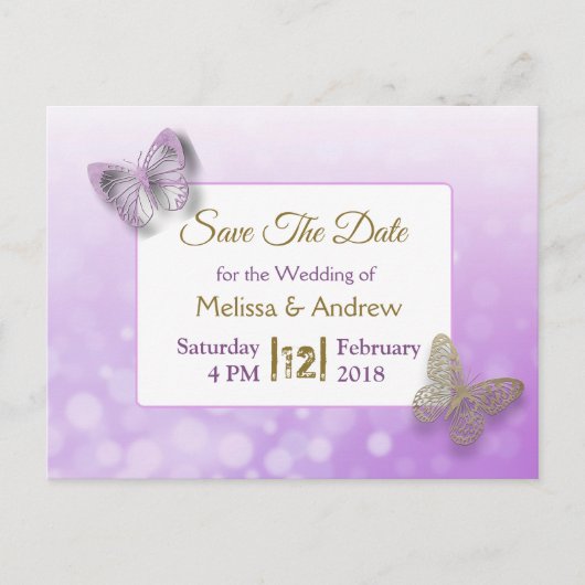 Lavender und Gold Butterfly Save the Dates Wedding Ankündigungspostkarte (Vorderseite)