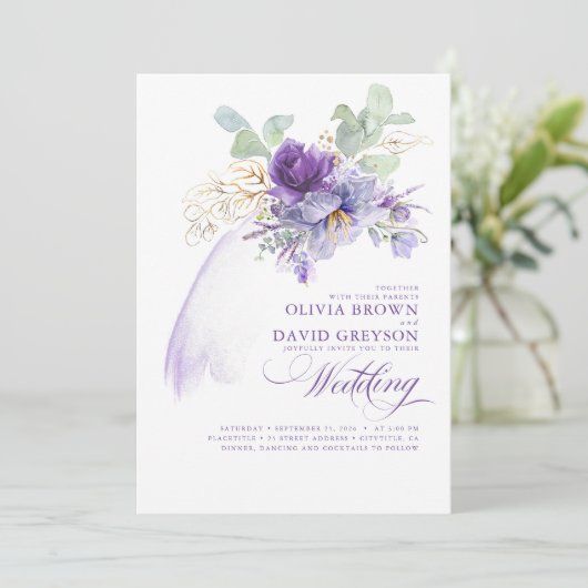 Lavender und Gold Elegante Moderne Boho Hochzeit Einladung (Stehend Vorderseite)
